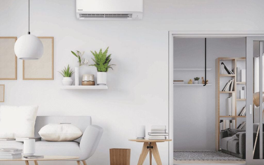 Panasonic Z Series wall unit above a sofa in a light living room